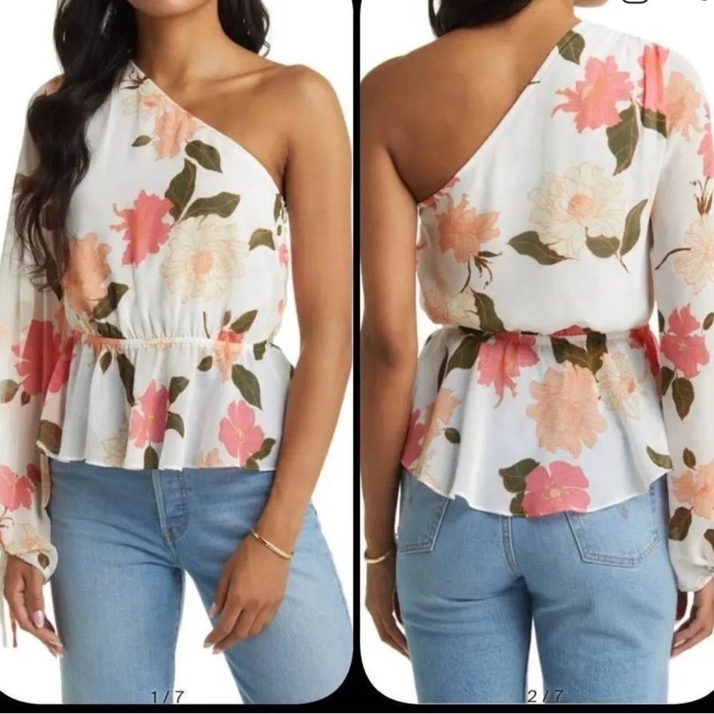 NWT Vici One shoulder Peplum Floral blouse, women’s size medium. - Picture 2 of 9